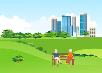 Old people sitting on the bench in the city park, urban landscape in background, vector