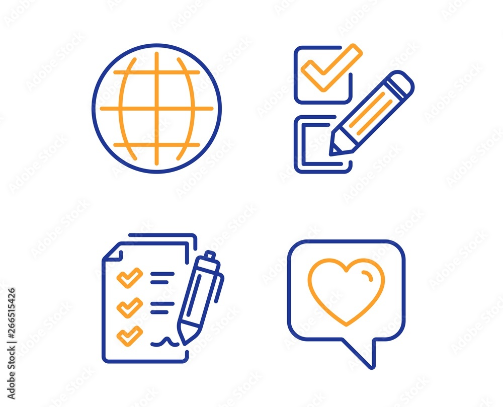 Poster globe, survey checklist and checkbox icons simple set. heart sign. internet world, report, survey ch