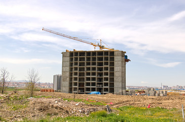 Construction of the building using a crane