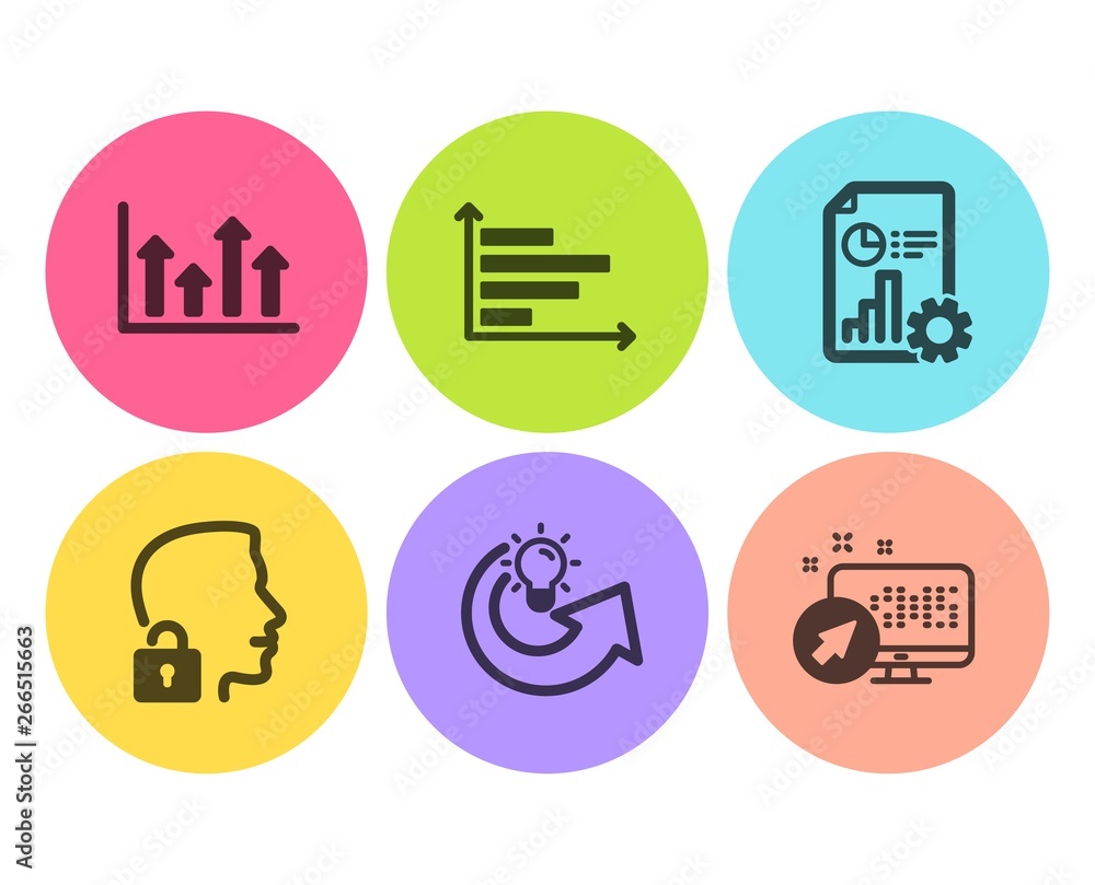 Poster report, horizontal chart and share idea icons simple set. upper arrows, unlock system and web system