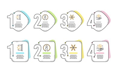Snowflake, Info and Sign out icons simple set. Loan percent sign. Air conditioning, Information, Logout. Discount hand. Technology set. Infographic timeline. Line snowflake icon. 4 options or steps