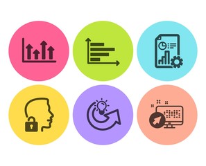 Report, Horizontal chart and Share idea icons simple set. Upper arrows, Unlock system and Web system signs. Presentation document, Presentation graph. Science set. Flat report icon. Circle button