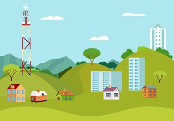 Fototapeta premium Urban and countryside landscape with modern buildings and suburb with private houses on a background mountains and hills, 