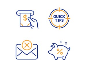 Atm service, Tips and Reject mail icons simple set. Loan percent sign. Cash investment, Quick tricks, Delete letter. Piggy bank. Technology set. Linear atm service icon. Colorful design set. Vector