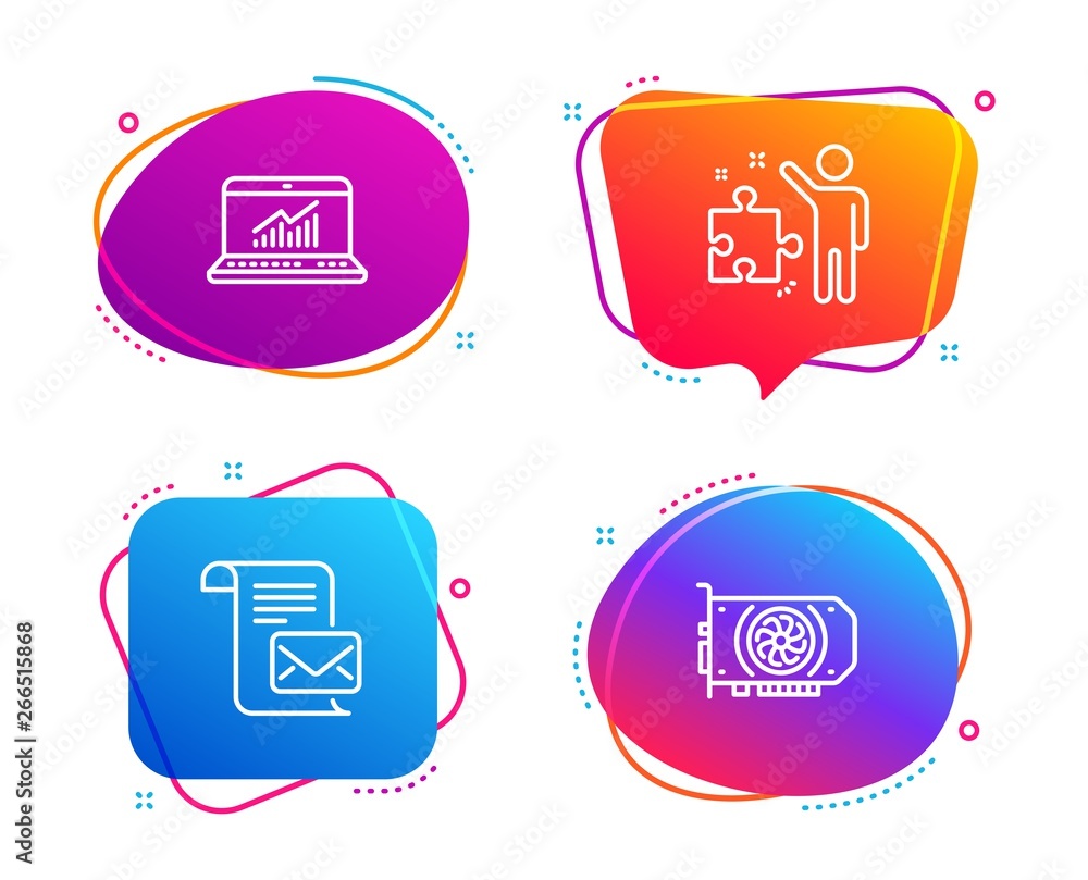 Poster online statistics, mail letter and strategy icons simple set. gpu sign. computer data, read e-mail, 