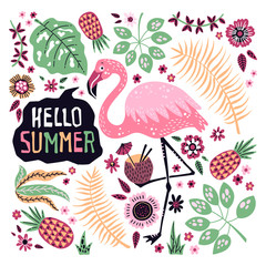 Fototapeta premium Vector cute flamingo surrounded by tropical fruits, plants and flowers.