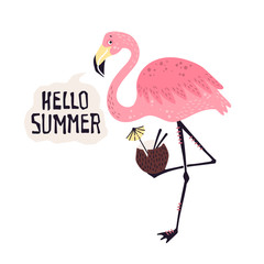 Vector cute flamingo with a tropical cocktail. Lettering: Hello Summer.