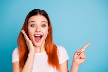 Close up photo cute crazy astonished hipster ad choice decision demonstrate advice pick impressed...