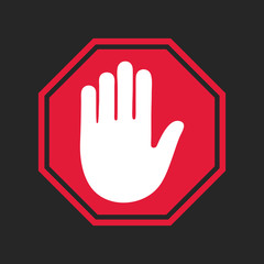 Obraz premium Stop road sign. Prohibited warning icon. Palm in red octagon. Road stop sign with hand isolated on white background. Glossy effect.