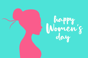 Happy Women Day holiday illustration. Paper cut girl head silhouette cutout with hand drawn spring and flower doodles.