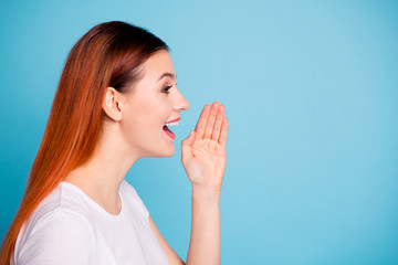 Profile side view photo of  cheerful positive content promoter scream discount private information...