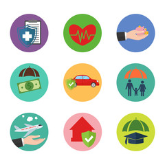 Insurance icons set with house transport and life safety symbols.