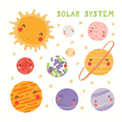 Hand drawn vector illustration of kawaii solar system planets and sun. Isolated objects on white background. Scandinavian style flat design. Concept for children print.