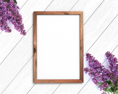 Wooden frame mockup on a painted white background. 2x3 Vertical Portrait