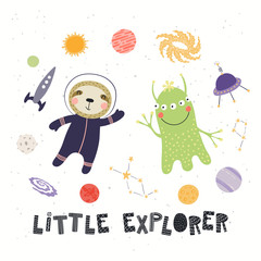 Hand drawn vector illustration of a cute sloth astronaut, alien, in space, with quote Little explorer. Isolated objects on white background. Scandinavian style flat design. Concept for children print. © Maria Skrigan