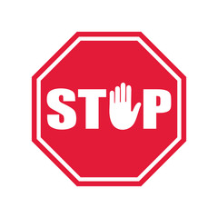 Stop road sign. Prohibited warning icon. Palm in red octagon. Road stop sign with hand isolated on white background. Glossy effect.