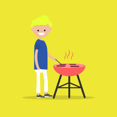 Young character cooking BBQ sausages. Barbecue. Flat cartoon design.clip art