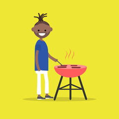 Young character cooking BBQ sausages. Barbecue. Flat cartoon design.clip art