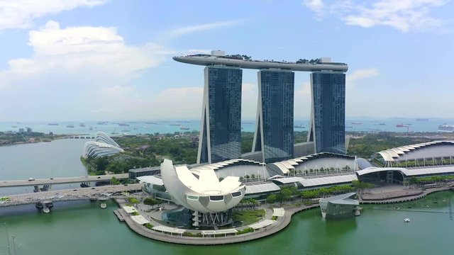 Drone Aerial view 4k Footage Of Singapore Skyscrapers With City. Corporate Offices Singapore. Central Business District At Marina Bay In Singapore.	