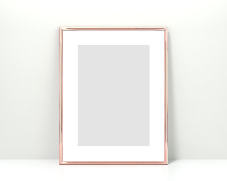 A4 Rose gold frame mockup on a white background. 2x3 Vertical, Portrait 3d Rendering