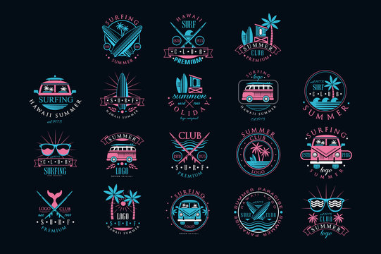 Vector set of vintage logos for surfing club. Creative emblems with surfboards, sunglasses, vans and palm trees. Hawaii, summer time