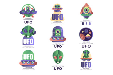 Ufo logo original design set, emblem with alien and saucer vector Illustrations on a white background
