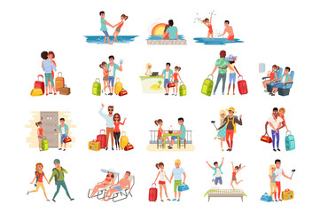 People traveling set, family couple with luggage on vacation vector Illustrations on a white background
