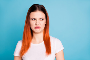 Portrait of disappointed irritated millennial youth frustrated depressed smelly dislike bad  frown...