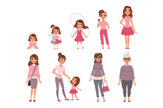 Life cycles of woman, stages of growing up from baby to woman vector Illustration