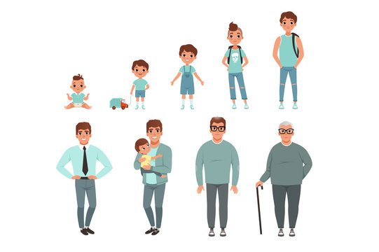 Life cycles of man, stages of growing up from baby to man vector Illustration