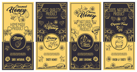 Creamed Honey Bee Brochure and Flyers Concept, Sketch Logo Designs for Packaging with Honeycombs. Vintage Creative Badges and Circle Labels. Yellow and Dark Blue Vector Illustration