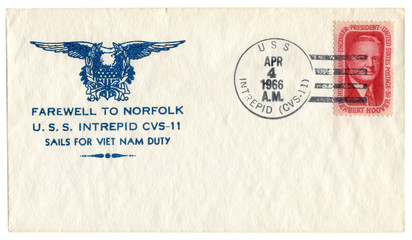USS Intrepid, The USA  - 4 April 1966: US historical envelope: cover with patriotic cachet farewell to norfolk U.S.S. CVS-11 sails for Viet Nam duty, postage stamp  Herbert Hoover