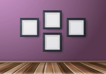 Exhibition mock up wood frames on pink wall. Realistic art gallery.