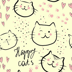 Cute happy cats with pink hearts and text - seamless pattern on yellow background