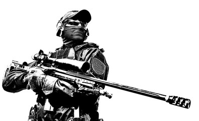 Police tactical group sniper with rifle in hands - obrazy, fototapety, plakaty