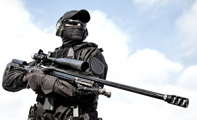 Police tactical group sniper with rifle in hands - obrazy, fototapety, plakaty