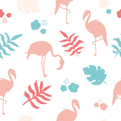 Print Flamingo seamless pattern with tropical jungle. Simple Colorful grunge aloha wallpaper