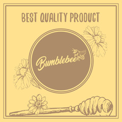 Fototapeta premium Honey Bee Poster Design with Sketch Circle Logo and Honeycomb Elements. Yellow Vintage Hand Drawn Illustration. Handcrafted Lettering.