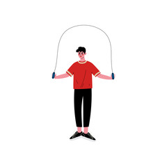 Young Man Skipping with Jump Rope, Male Athlete Character in Sportswear, Physical Workout Training, Active Healthy Lifestyle Vector Illustration