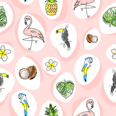 Tropical seamless pattern with cute hand drawn doodle animals