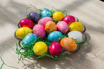 Easter eggs in a glass bowl
