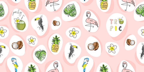 Tropical seamless pattern with cute hand drawn doodle animals © Anna Sokol