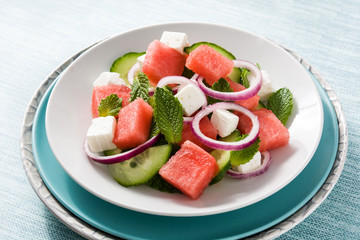 Watermelon salad with feta cheese,mint,onion and cucumber
