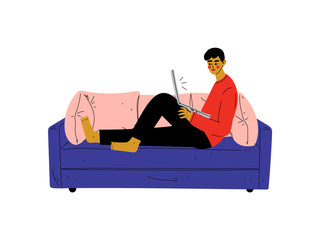 Guy Sitting On Sofa with Laptop, Young Man Working or Relaxing at Home Using Computer Vector Illustration