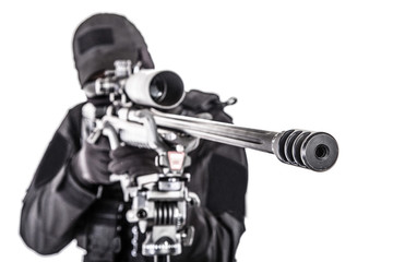 Police special forces sniper aiming with rifle