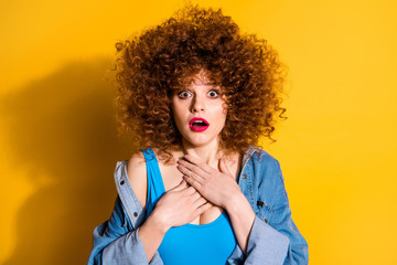 Close up photo beautiful amazing she her lady wavy fluffy styling curls hands arms chest eyes full fear not me wear casual jeans denim shirt shorts blue tank top clothes isolated yellow background