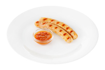 Pork sausages, chicken with tomato sauce isolated