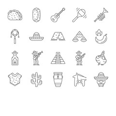 Mexican culture linear icons set