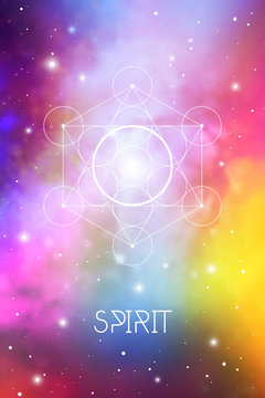 Spirit element symbol inside Metatron Cube and Flower of Life in front of outer space cosmic background. Aether sacred geometry magic sign futuristic vector design.