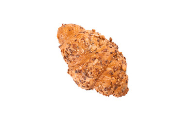 Photo of fresh golden croissants covered sunflower seeds and sesame isolated on white background. Top view.